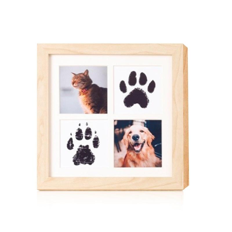 koundeneko ペット 肉球スタンプキット 4連 フォトフレーム 手形 足形キット 木製 写真立て 置き掛け兼用 猫 犬 成長記録 遺影 メモリアル用品 インクパッドとインプリントカード付き