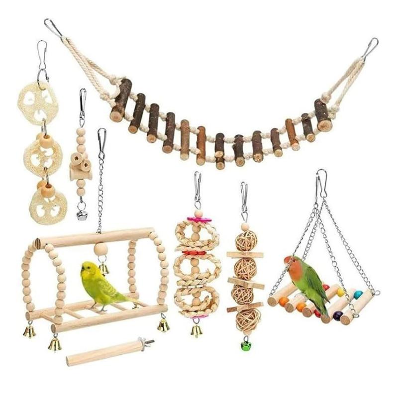 インコ おもちゃ 鳥のおもちゃ 木製 おもちゃ 噛む玩具 オウム生息棚 バードトイブランコ 吊り下げ ストレス解消 セキセイインコ はしご 止まり木 【8点セット B】