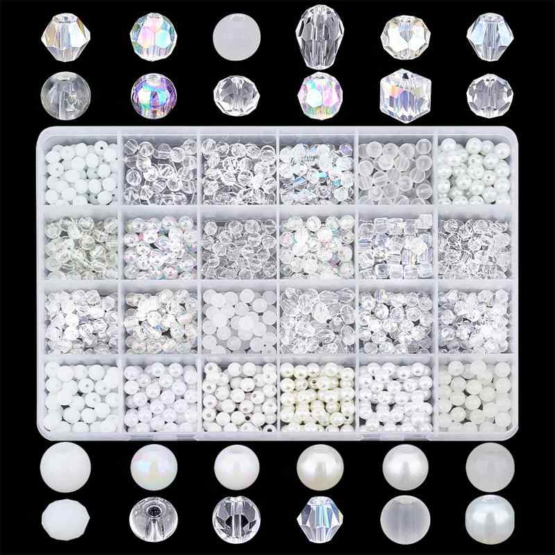 PH PandaHall 約1080個 ガラスビーズ アクリルビーズ 6mm 白 透明 24種 結婚式の装飾 服装装飾 カットビーズ ホワイト ハンドメイド アクセサリー DIY飾り ホワイトパール ブレスレット 手芸材料 手