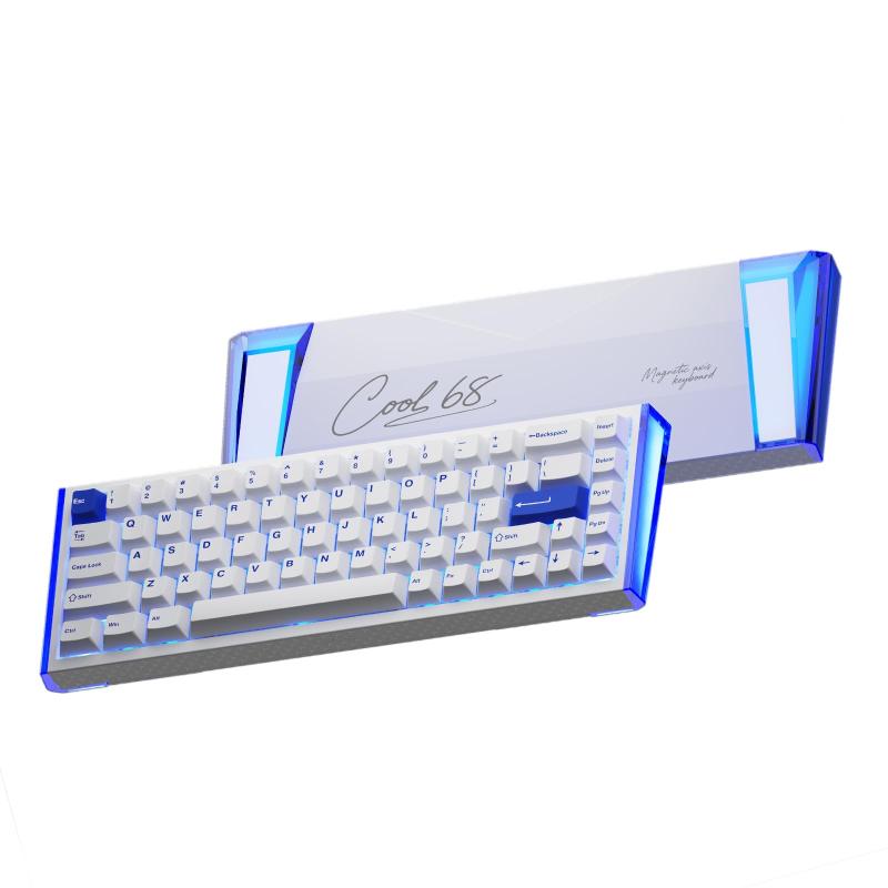DAREU COOL68 ゲーミングキーボード 0.01mm ラピッドトリガー対応 光翼ライトボックス 有線8000hzポーリングレート 磁気スイッチ SOCD対応 ホットスワップ 65%英語配列 テンキーレス 白/ブルー【1年【光翼ライトボックス】両サイドにDAREU独自開発の光翼ライトボックスを搭載。左右対称の羽根のような発光デザインがデスクを圧倒的に彩る。下置きRGBで光透過率30%向上。20+種RGBエフェクト＋5種音楽連動モード搭載で、没入感MAXのゲーミング空間を創出。【8000Hzポーリングレート】高性能MCUチップ搭載で業界トップクラスの8Kポーリングレートを実現。1秒間に8000回の信号スキャンで、従来のゲーミングキーボード(1000Hz)に比べ8倍の高速化。操作遅延はわずか0.125ms(従来モデルは1ms)。FPSでの急停止めやラン＆ガンがより速く、より安定。【0.01mmRT精度】アクチュエーションとラピッドトリガーを0.01mm単位で精密調整可能。高速連打時も揺れ＆誤操作防止を実現。FPS/TPSで求められる抜群の反応速度を提供。【D.H.A.アルゴリズム】独自開発のデータ融合アルゴリズム「DAREU Hyper Algorithm (D.H.A.)」を採用、数万回の最適化でトーナメント級の応答速度と安定性を実現。15基ICチップがキーエリア毎の信号を独立管理、D.H.A.連携により激しい操作下でも安定入力を。【Gasket構造&amp;ホットスワップ対応】Gasket構造＋3層消音充填で安定操作&amp;しなやか打鍵感を実現。メカニカルキーボード並みのクリアな打鍵音。ホットスワップ対応で市販の主要磁軸と互換性あり（萬磁王/磁玉/冰刃/影刃/天王）。自分好みの打ち心地にカスタム自由。