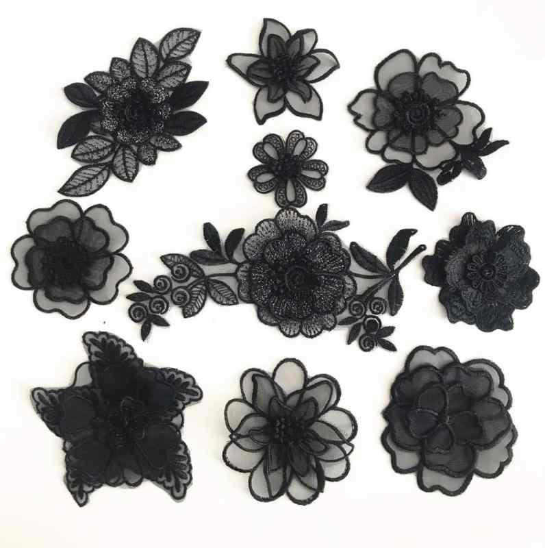 Rakuten - Sweetimes レース生地 刺繍花 縫製 DIY 服 工芸品の装飾 パッチ アップリケ モチーフ 10枚セットNo.16 (ブラック10枚セット(1))