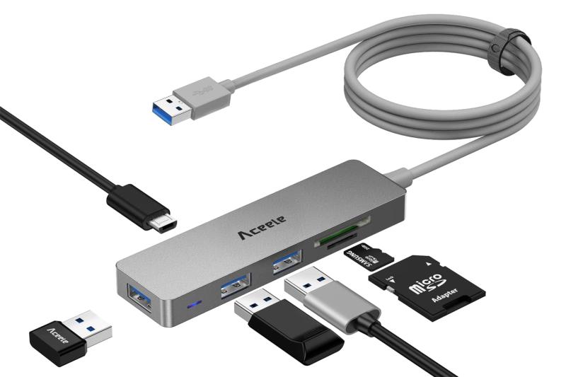 Aceele USB ハブ 6-in-1[6合1 USBハブ]Aceele 1.2 M USB 3.0ハブ=1つのusb 3.0 3ポートハブ+USB転送SD/TFカードアダプタ+usb A転送Micro usb+1つのusb延長ケーブル，1置換6，デスクトップのスペースを節約して、データを転送して、USBデバイスに接続して、オフィスの仕事をもっと速くして、もっと楽にします。[強電力な維持]Micro USB 5 V 2 Aポートを介して、外部ハードディスクやフラッシュメモリなどの高出力USBデバイスを同時に接続すると、ハブ機能が強いドライバのデータ転送がより安定します。（ノートパソコンの充電ができない）[120センチのケーブル]ハブケーブルを120cmまで伸ばし、テーブルの下のデスクトップパソコンと完璧に接続します。USBデバイスを挿抜するたびにとても便利です。机の下に座らなくてもいいです。[高速データ転送]3つのUSB 3.0ポート、Micro SDとSD sortは5 Gbpsまでのデータ転送速度をサポートしています。同時に使用できます。USBポートは、マウスプリンタ、USBケーブルヘッドセット、USBスピーカー、その他多くのUSBデバイスに接続できます。[多重保護]高性能チップを使ってこのハブに4段階の保護を提供します。駆動する必要がなくて、すぐ挿し込んですぐ使います；細くて小さくて、携帯するのは便利です；24時間はオンラインであなたの問題に答えます。