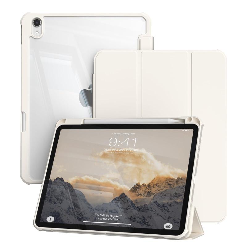 zoyu iPad 11世代ケース A16 2025対応 / iPad 10世代専用ケース 2022 10.9インチ 透明バックカバー ペンシル収納 自動ウェイク/スリープ 三つ折りスタンド 薄型軽量 耐衝撃 ソフトTPU A2696/A2757/A2777 ホワ【対応機種】: zoyu ケース iPad 11世代 (A16) 11インチ 2025、iPad 第10世代 10.9インチ 2022 に適用します。(モデル番号：A3354/A3355/A3356/A2757/A2777/A2696)。モデル番号の確認方法：iPad 背面下部に記載されていますので、購入前に必ずご確認ください。【高透明 PC バックカバー】: 柔軟な TPU バンパー + 高透明ハード PC バックシェルの複合構造で、iPad a16 キズ防止/衝撃吸収/汚れ防止 全方位対応、iPad 本体のデザインをそのまま引き立てつつしっかり保護。着脱もワンタッチで簡単に操作できます。透明バックの表裏には保護フィルムが貼付されていますので、ご使用前に剥がしてください。【2 種類のスタンドモード】: このケースは三つ折りデザインで、動画鑑賞に最適な60°、タイピングや描画に最適な35°の2つの角度に調整できます。iPadを安定させ、転倒を防ぐだけでなく、両手を解放してより快適な操作体験を実現します。【Apple Pencil 専用スロット内蔵】: ペンシルを収納できる専用スロットを内蔵し、出し入れがスムーズ。外出時の紛失や落下による損傷を効果的に防止し、持ち運びに便利です。Apple Pencilは付属していません。【オートスリープ/ウェイク機能】: 内蔵強力マグネットにより、ケースの開閉だけで iPad の自動スリープ / ウェイクを実現。バッテリーの無駄な消耗を抑え、電池寿命を効果的に延長します。