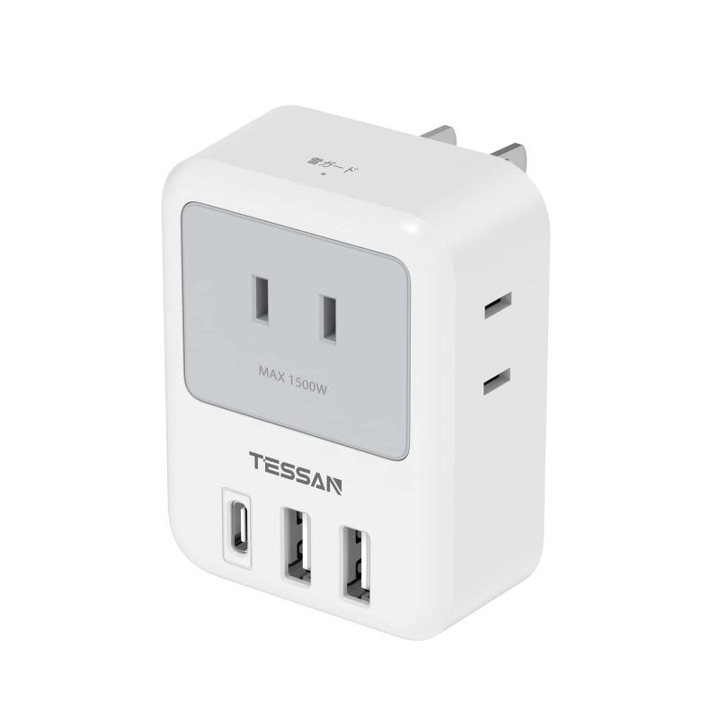 TESSAN USB コンセント タップ 電源タップ USB-C付き たこあしコンセント 雷ガード タコ足配線 マルチタップ 分岐 たこあし配線【1台6役】3個のac差込口、2個のusb-aポートと1個のusb-cポートを搭載しているusb コンセント タップです。3個のAC口は三つの方向に配置されていて、お互いに干渉しないで、大きなアダプター同士が同時に挿入しても大丈夫です。これ1つのusb タップで、6台の機器を同時に充電できます。【小型軽量なコーナータップ】72*55*28mmのサイズで、手で握れるぐらい小型で、カバンのスペースを占めません。また、約100gの重量で、軽くて、コンパクトのusb 充電器として自宅だけでなく、旅行や出張などの外出際にもご携帯頂けます。それに、薄いデザインのため、安定性高い壁挿しタップとして、壁のコンセントにしっかり挿入できます。【多機種対応】このusb アダプタ 電源タップは二つのtype-aポート及び一つのtype-cポートがあります。type-aポート単独で使用する場合、12Wを出力します。type-cポート単独で使用する場合、15Wを出力します。スマートフォンやタブレットなどの多機種の電子機器への充電ができます。【安全便利】本体は耐熱性に優れたABS樹脂94V0で作られて、耐火は750℃に達して、万一の発熱の際にも、融解しにくく、電気火災を防止できます。2ピン式のACプラグの根本には、絶縁キャップが付いて、トラッキングの防止に有効です。また、雷ガード機能を搭載して、ご使用の電器をしっかり守れます。【多場所ご利用され】従来の伝統的なこんせんと たっぷと違って、type-cポート及びtype-aポートが同時搭載している壁直差しタップです。また、1500Wの合計最大出力で、宅内のリビング、キッチン、ベッドサイドやトイレなどの様々な場所にご利用頂けます。違った場所に複数の電子機器に充電したい場合、これ一つの分岐コンセントがあれば、十分です。ご注意：日本国内のみご使用できて、海外での使用は禁止です。