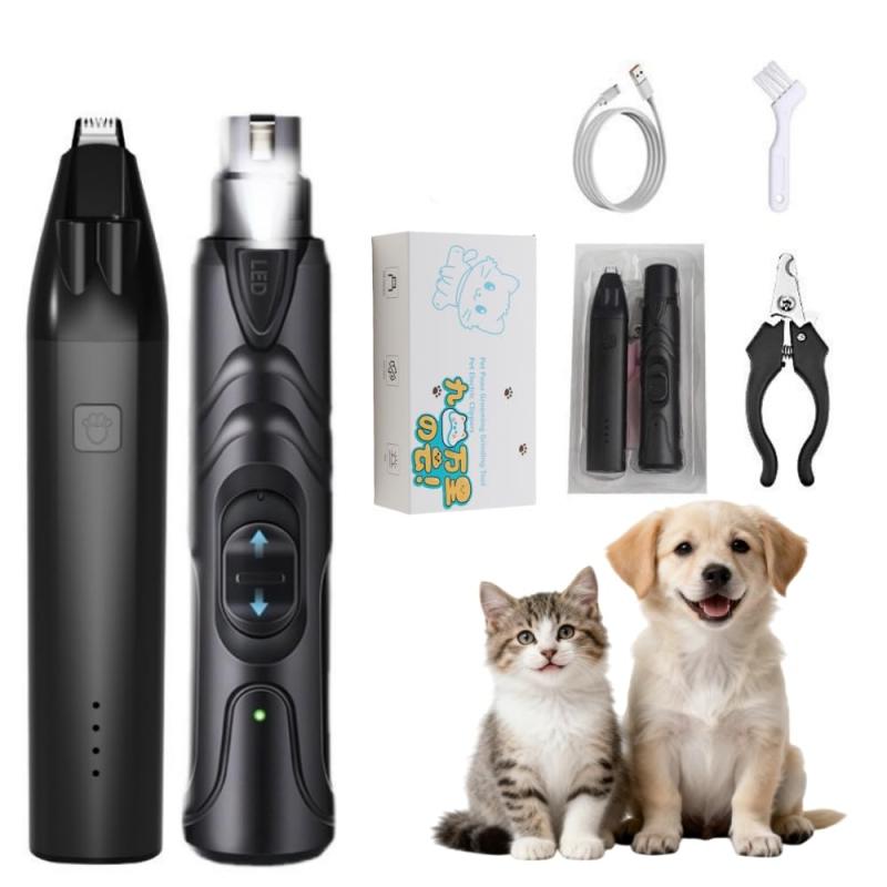 九万里の云ペット用电動爪グラインダー 2段階速度調節 猫犬用足毛トリマー セラミック刃ヘッド 2点セット LEDライト付き 低騒音 携帯用 爪、耳元、顔周りなど多機能トリミングキット 急速
