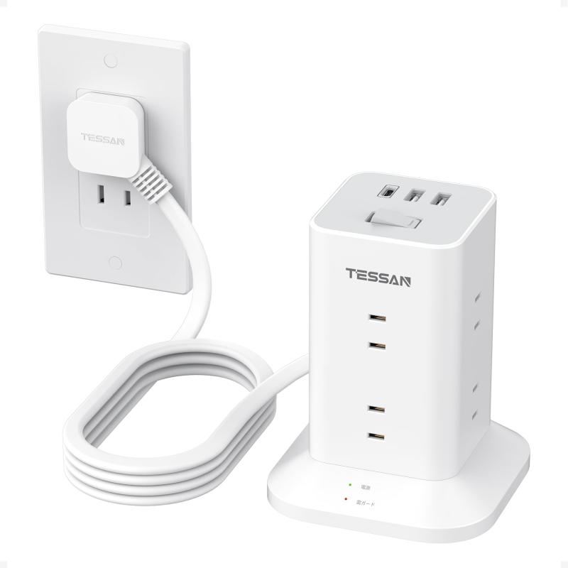 Lenovo - TESSAN 電源タップ タワー型 延長コード 3m 薄型プラグ 8個AC コンセント 1個USB-Cポート及び2個USB-Aポート テーブルタップ たこあしコンセント タコ足配線 マルチ OA 雷ガード 一括スイッチ 省エ