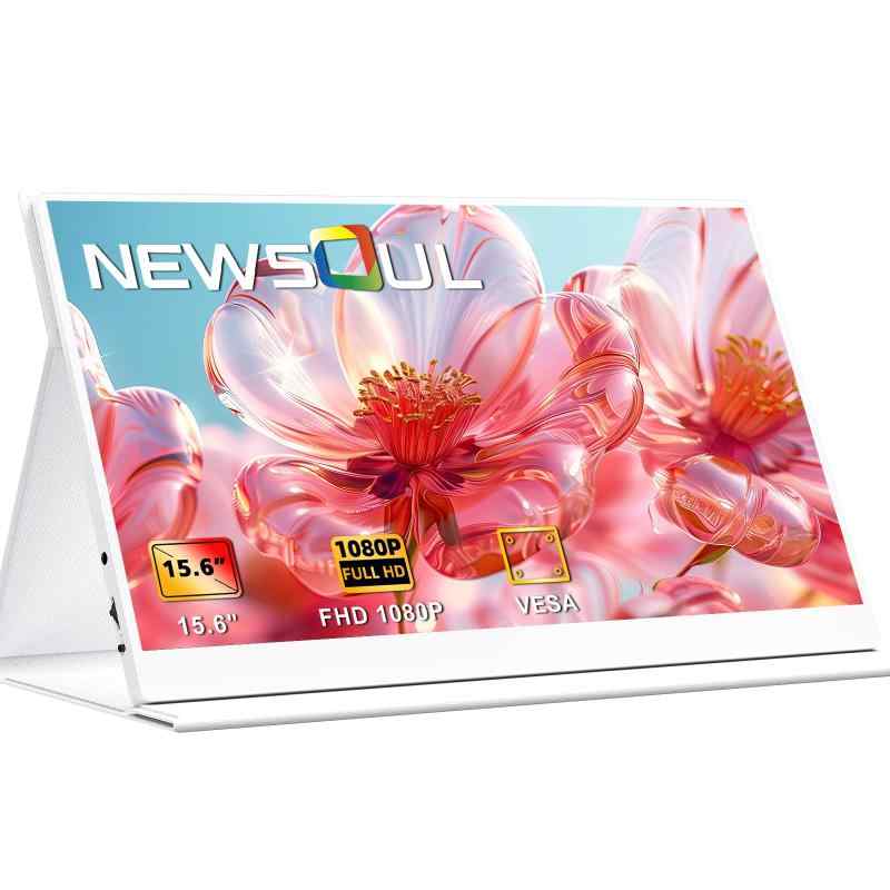 モバイルモニター 15.6インチ モバイルディスプレイ 白 Newsoul ポータブルモニター軽量 薄型 持ち運び IPS液晶パネル カバー付属【純白の外観・シンプルな美学】 オールホワイトのデザインは、白いパソコン、ノートPC、Pad、スマホ、ヘッドフォンなどのデバイスと完璧にマッチし、すっきりとした爽やかなデスクトップのデジタル雰囲気を作り出し、全体的なスタイルを向上させます。これは単なるセカンドモニターではなく、ミニマリストのライフスタイルを表現するものです。美しさと機能性を重視するユーザーのために設計されており、実用的でありながらスタイリッシュです。【極薄型・超軽量】 0.62Kg軽量と0.65cm薄型の外観が携帯性を展示して超薄型ベゼルにより美観が向上し、表示されるコンテンツの量が増えたため、モバイルオフィスに最適なオフィスツールです。小さい体積が簡単にバッグに収納されるので、狭いワーク環境で保管スペースを省けて生活コストを節約できます。オフィス、自宅、出張先など、どこにでも簡単に持ち運べ、モバイルオフィスの視聴体験を向上させることができます。【耐久性あるカバー・多用途】 ゲームもにたーカバーは、折りたたむことでデスクに横置きで多用途のスタンドとして使用でき、壁に穴空けの面倒や、別途でアームを購入することで面倒を省く。また、防水性と傷防止性を備えた材質で作られた保護カバーはより頑丈で耐久性がある、ポータブルもにたーをさまざまな外部損傷から守ります。さらに、白い革のカバーのデザインはより多くの光を反射し、視界をより明るく鮮明にし、会議室に美しい景色が広がるような印象を与えます。【フルHD画質・IPS液晶パネル】 サブディスプレイの画面解像度は在宅勤務やゲーム、動画視聴に最適な臨場感がある15.6インチ大画面フル HD(1920×1080)です。ポータブルディスプレイはHDR技術搭載しているので、残像のない動画標準が必須であるショートビデオまたはライブションには、また速い動きの映像などの競技ゲームには、ダイナミックな高精細映像が美しい色彩描写を最大限に表示して楽しめます。178°全視野角により上下178°、左右178°の広い範囲でモバイルでぃすぷれいの内容が得られる自然な色合いを表示できるIPS液晶パネルを採用、どの角度から見ても鮮やかな映像を見ることが可能です。【2つの設定方式・縦横自由】 液晶モバイルモニターは75mmの穴距離、4mmの穴深さで穴開けるため、モニターアームに付けても壁掛けなどでも簡単に好きな場所に任意の視野角で取り付けられます。立ったり座ったり寝転んだり、いつでもどこでも15.6インチの高精細画面の表示による快適な映像体験を楽しめます。mobileモニターは2つの設定方式があり、水平または垂直に自由に設定できるため、スペースの利用率が向上するだけでなく、高さと角度を調整することで頸椎症や視覚疲労を効果的に防止できます。🌸注意：アームを店舗でご購入ください。何か気になる点やご質問などがございましたらお気軽にsupportjp at newsoul dot storeご連絡ください。