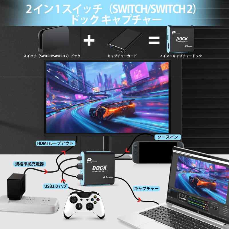 NewageOfficeflowingのキャプチャーボード Switch 2/Switch/Steam Deck 対応 2-in-1 ドック 1080P 60Hz PD100W 充電｜アングル2