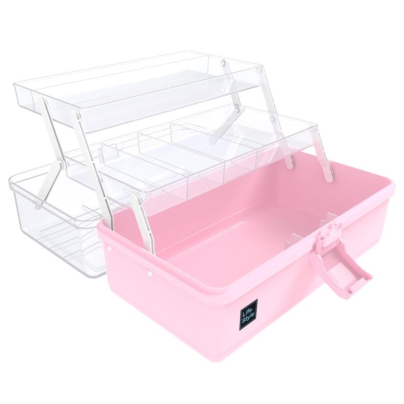 Rakuten - クラフトオーガナイザーと収納ボックス 13インチ 3層 多機能プラスチック裁縫整理ボックス ハンドル付き (ピンク)