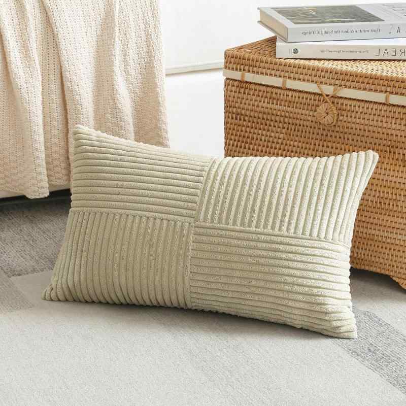 Rakuten - Otostar クッションカバー 30x50cm 1枚 無地 おしゃれ 可愛い コーデュロイ 4分割デザイン ストライプ モダン ジッパー式 インテリア 室内装飾用 装飾用ピローカバー (30x50,ライトグレー)