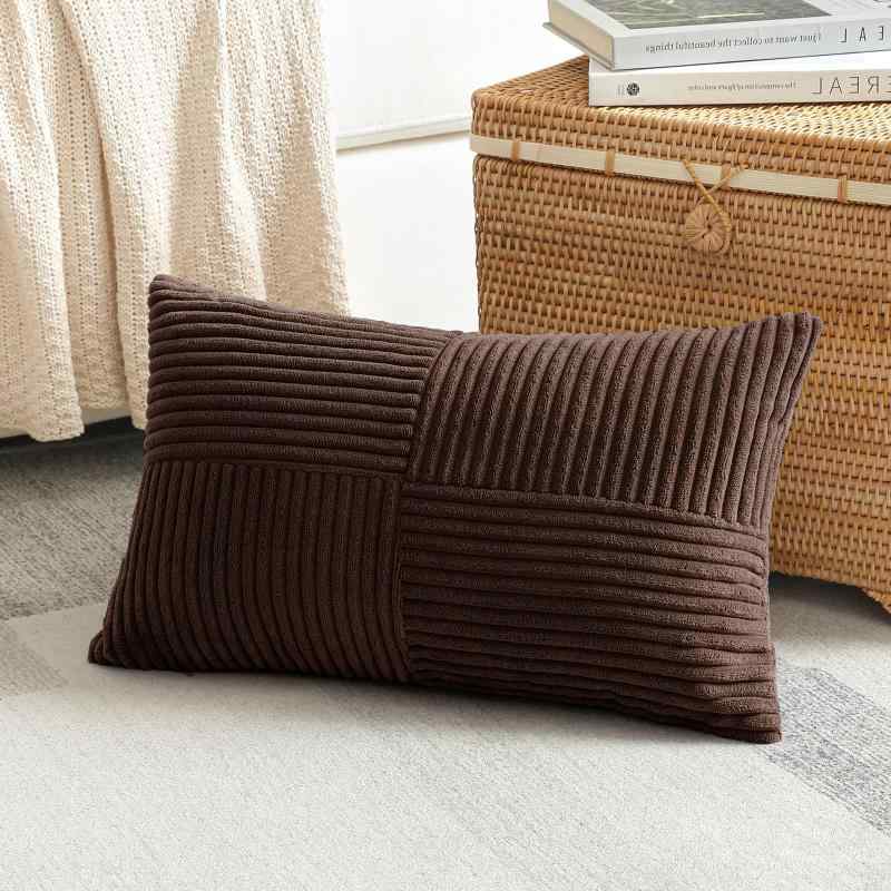 Rakuten - Otostar クッションカバー 30x50cm 1枚 無地 おしゃれ 可愛い コーデュロイ 4分割デザイン ストライプ モダン ジッパー式 インテリア 室内装飾用 装飾用ピローカバー (30x50,ダークブラウン)