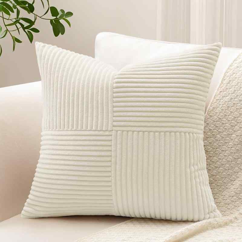 Rakuten - Otostar クッションカバー 60x60cm 1枚 無地 おしゃれ 可愛い コーデュロイ 4分割デザイン ストライプ モダン ジッパー式 インテリア 室内装飾用 装飾用ピローカバー (60x60,アイボリー)