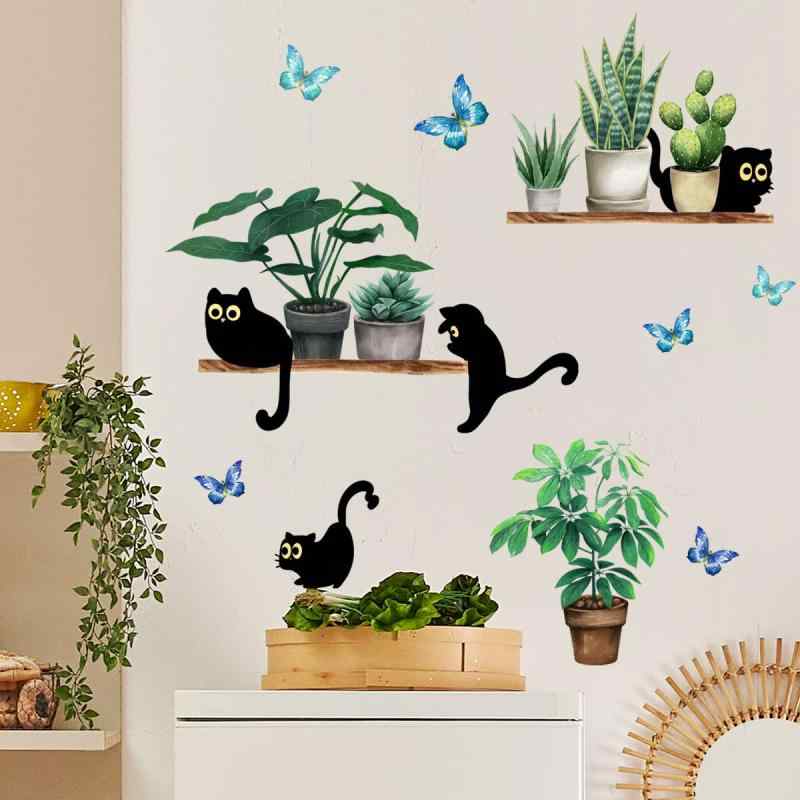 乐天商城 - 猫と蝶のウォールステッカー, 動物 可愛い diy ウォールステッカー 北欧 蝶 花 緑葉っぱ 壁紙シール はがせる おしゃれ 剥がせる壁紙シール, 防水インテリア, ウォールデコ ウォールペーパー