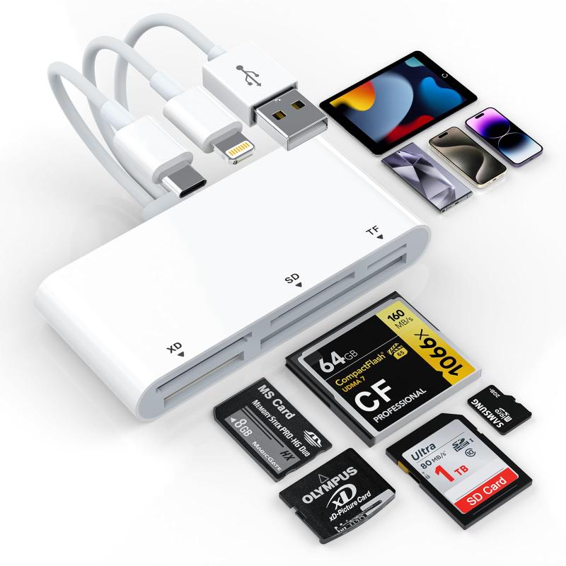【2025安定高速版】マルチカードリーダー, 5in3 Lightning/Type-C/USB - SD/TF(Micro SD)/XD/MS/CF カ..