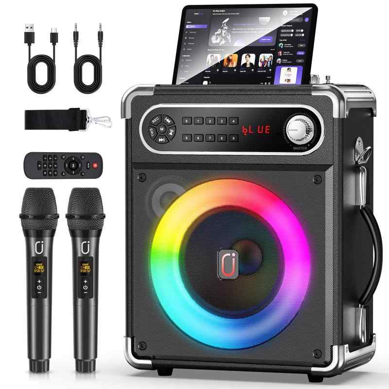 JYX スピーカーセット 拡声器 ワイヤレスマイク2本 Bluetooth5.3対応 高低音強化機能搭載 充電式 ポータブル ホームパーティー、カラオケ、街頭スピーチ、会議 、学校行事、セミナー、室外、