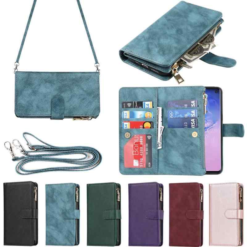Eastwave サムスン ギャラクシー S10 ケース for Samsung Galaxy S10 縄掛けケース 手帳型 財布型 ICカード コインポケット ストラップ付き カード 収納 小銭入れ ファスナーポケット付き PUレザー 6色