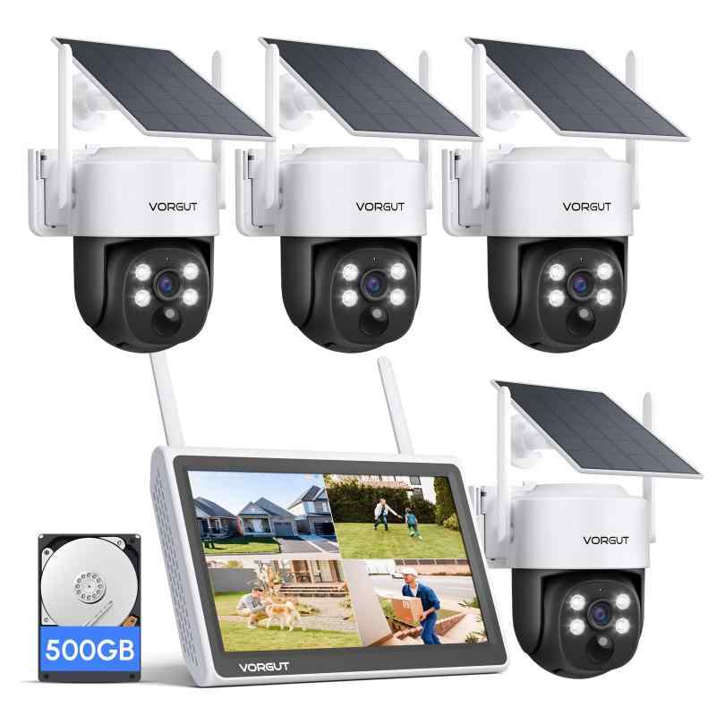 VORGUT 防犯カメラ 屋外 ソーラー 4台セットモニター付き 監視カメラ ソーラー 工事不要 電源不要 2.4G&amp;5G WiFi対応 5年 無線防犯カメラ PIR人体検知 音声威嚇