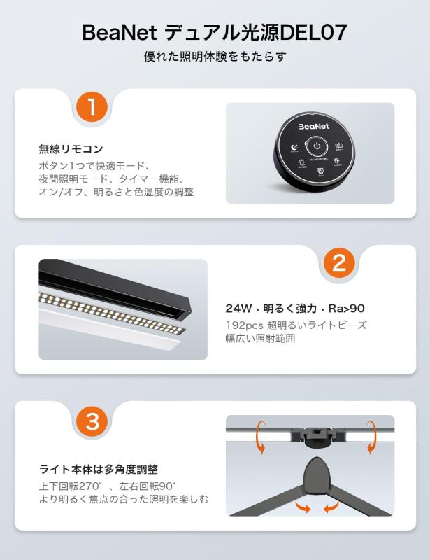 BeaNet デスクライト LED 「無線リモコン・ダブル光源・幅800mm・24W・2000Lx」 5段階調光調色 電気スタンド クランプ 「PSE認証済」 幅広 スタンドライト 多角度調節 卓上ライト 目に優しい 読書/