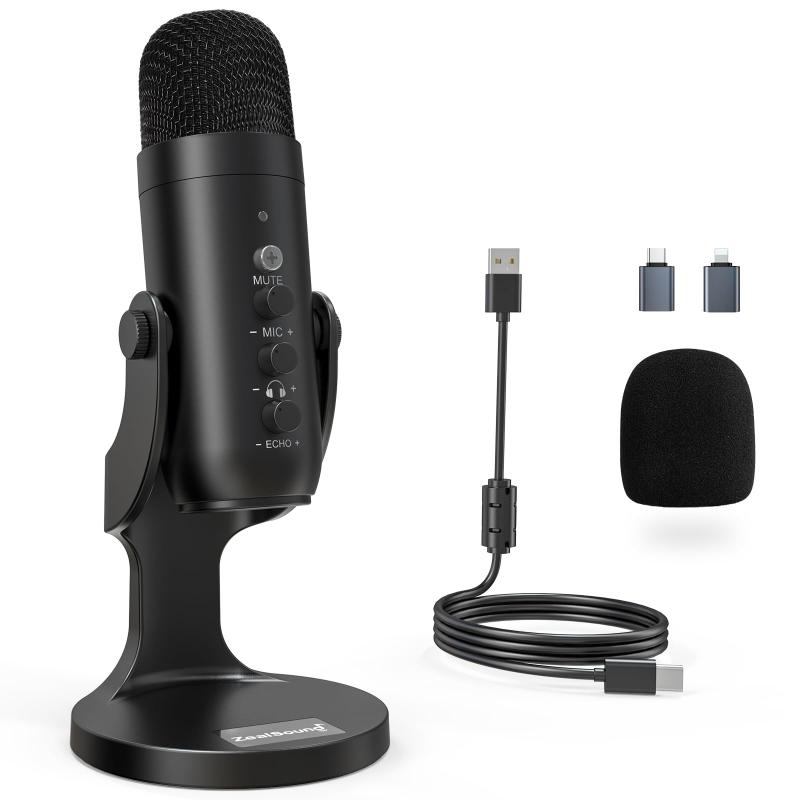 ZealSound USB マイク コンデンサー マイク PC マイク 卓上マイク 単一指向性 エコー機能付き 会議用 ゲーム 実況 マイク タブレット PC用録音マイク/YouTube用/生通信・ゲーム実況用/Skype/LINE 生放