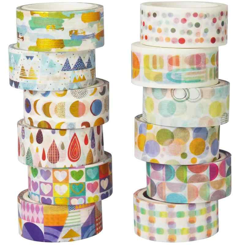 YUWENW マスキングテープ 和紙テープ 12個 セット 可愛いデザイン 金箔押し 素敵な絵画 かわいい 手帳 ラッピング スクラップブック ジャーナル DIY DIYクラフト プ ランナー レゼント装飾 (基本(3.0)