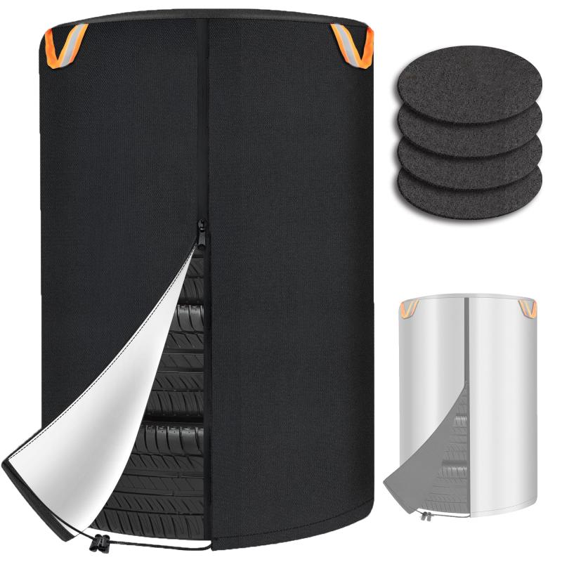 SUPTEMPO タイヤカバー 屋外 防水 厚手 両面利用可能 420D 2024最新型 タイヤ収納 4本 夜間反射 UVカット 劣化 汚れ防止 防犯 耐久 雨雪対応 タイヤ保管カバー フェルトパッド4枚付き 収納袋付き