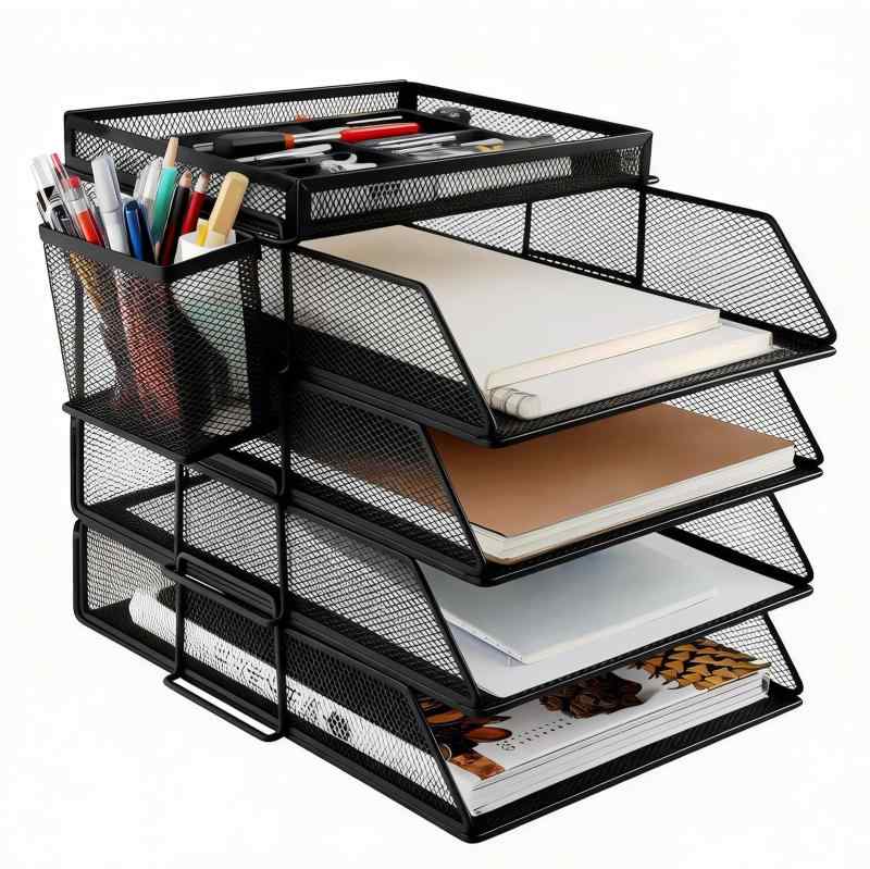 NODIBRO 書類トレー 4+1段 レタートレー A4 縦置き 卓上収納ラック 組み立て式 積み重ね可能 レターケース ペン立て付き 大容量 書類整理 小物入れ メッシュメタル 新聞/雑誌/A4ファイル/フォル