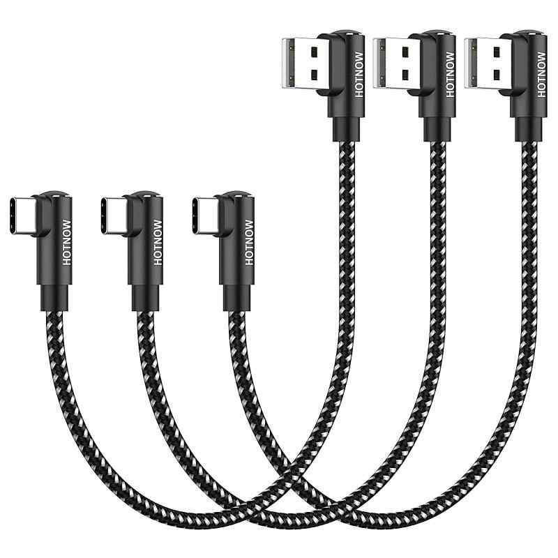 短い 0.3m USB C ケーブル 直角、HOTNOW [3 本 30cm] ポータブル USB-C 充電器 ナイロン編組高速充電コード Galaxy S25 S23 S8 Plus Note 9 8、iPhone 16 15、パワーバンクおよびその他