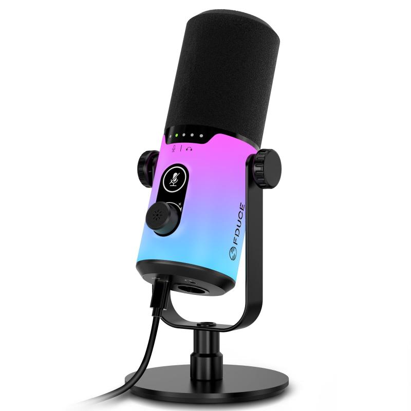 FDUCE USB/XLR ゲーミング ダイナミック マイク ポッドキャスト録音用 PC コンピューター ストリーミング ボーカル RGB ライト、ミュート ボタン、ゲイン ノブ、ヘッドフォン