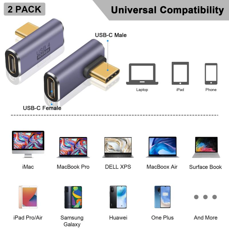 フローイングgtのPoyiccot L字 USB C 変換アダプタ、USB C L字アダプタ40Gbps、USB Type C 延長アダプタ、[ 高速転送100W 5A急速充電8K@60Hz映像出力] L字型 USB Type C 変換アダプタ オスメス延長アダプタ、対応｜アングル2