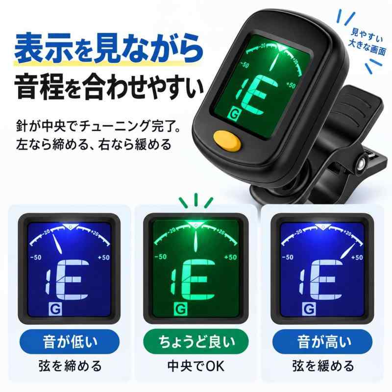 ギタークリップチューナー 高精度チューニングメーター クリップ式 ギター/ウクレレ/バイオリン/ベース用 多楽器対応 高感度検知 チューニング正確 音楽練習・演奏必備 flowing2-10128622 フローイングgt サンプル画像3