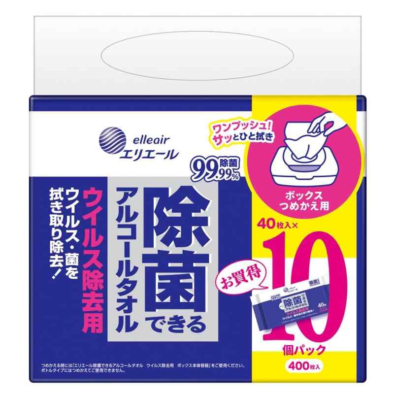 エリエール 除菌できるアルコールタオル ウイルス除去用 ウェットティッシュ ボックス つめかえ 400枚(40枚×10パック) アルコールタイプ まとめ買い