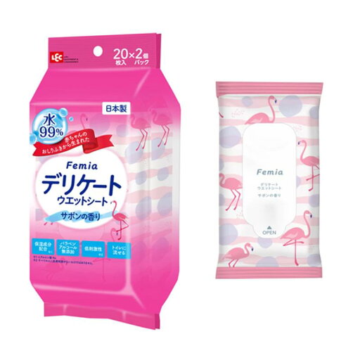 レック(LEC) 女性用 デリケート ウェットシート Femia 20枚入×2個 (サボンの香り) トイレに流せる/日本製/脱毛後のケアに/赤ちゃんのおしりふきから生まれた レック(LEC) 女性用 デリケート ウェットシート Femia 20枚入×2個 (サボンの香り) トイレに流せる/日本製/脱毛後のケアに/赤ちゃんのおしりふきから生まれた