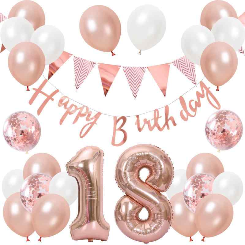 Rakuten - 誕生日 バルーン 風船セット 飾り付け happy birthday ガーランド バースデー 飾り ハッピーバースデー 大きい数字 紙吹雪風船 パーティー プレゼント サプライズ 大人 女の子 ローズピンク