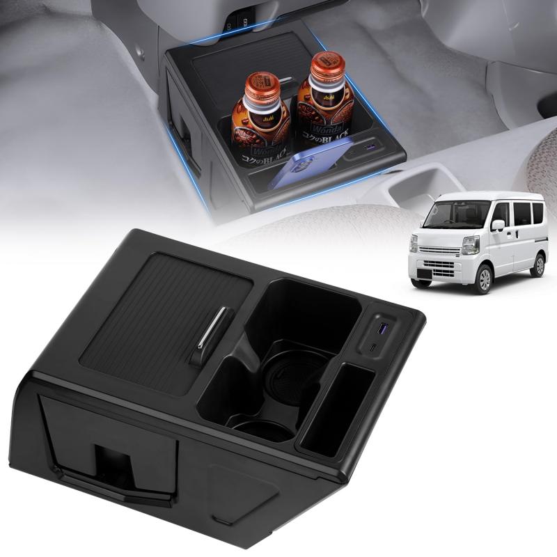 Mozan スズキ エブリイ 専用 コンソールボックス エブリイ バン DA17V/DA17W型 センターコンソール 車内収納ボックス 急速充電 USBポート付き ドリンクホルダー ゴミ箱付き カップホルダー 小物