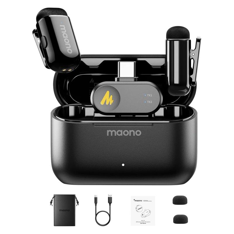 MAONO ワイヤレスマイク ピンマイク Android/iPhone15/16/PC対応 360°集音 100m伝送 30時間使用 AIボイチェン 音画同期 2人同時使用 クリップ式超ミニ無線 ASMR/Ti