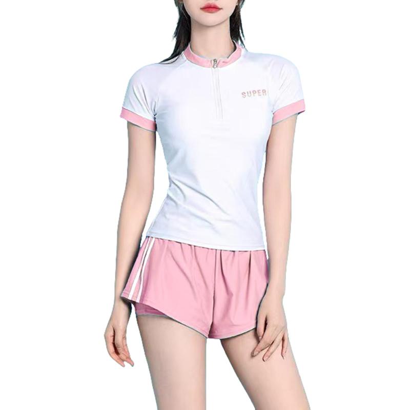 [Karsaer] 水着 レディース セパレート 半袖 ショートパンツ 2点セット 取り外し可能パッド付き 体型カバー UVカット 速乾性 水陸両用 ジム プール フリーサイズ 高校生A0050