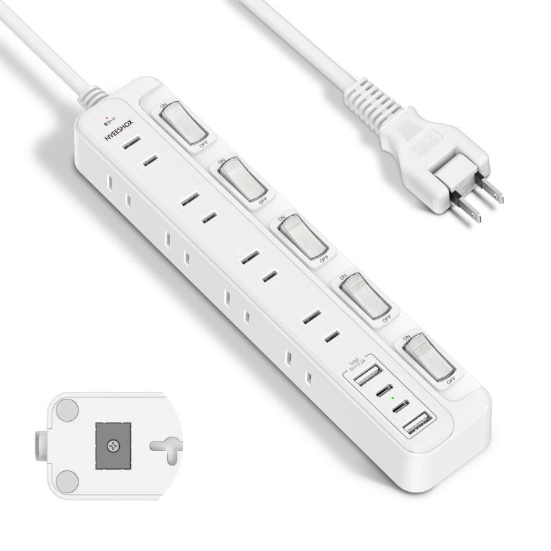 樂天商城 - 電源タップ マグネット 延長コード 2m 5つ個別スイッチ 8個AC口 2個Type-Cと2個Type-Aポート USB専用スイッチ NVEESHOX たこあし コンセント usb付き テーブルタップ タコ足配線 蛸足コンセント 磁石