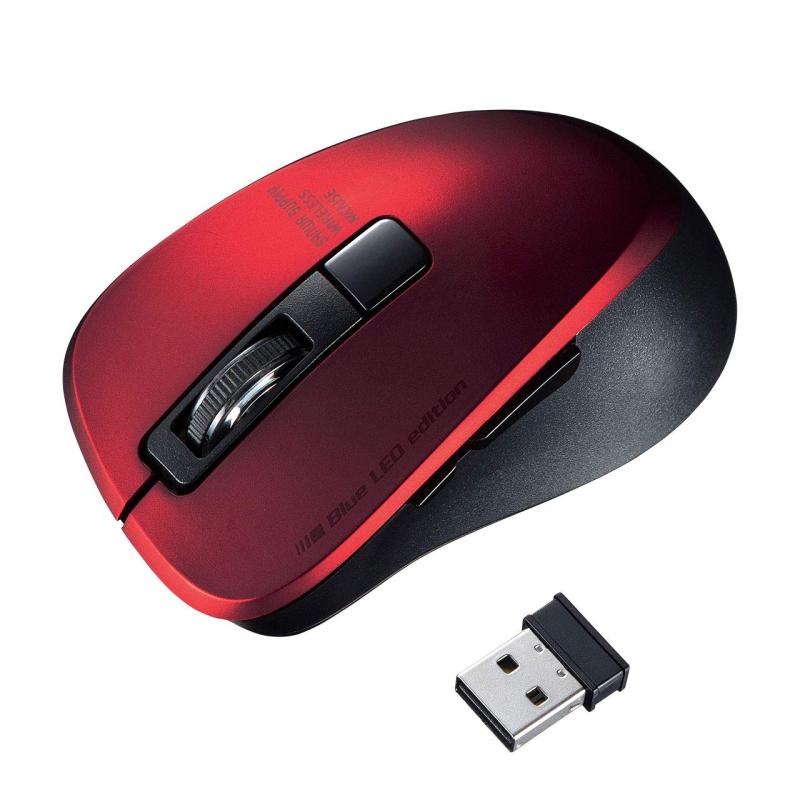 Rakuten - サンワサプライ ワイヤレスマウス 2.4GHz(USB A) 静音 ブルーLED 5ボタン 1600dpi(2段階切替) 小型 レッド MA-WBL153R