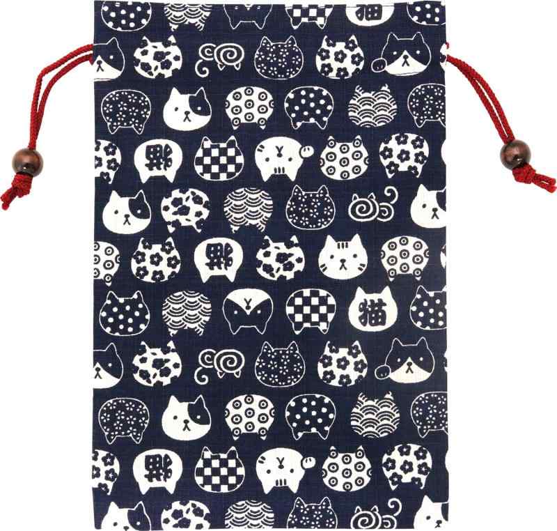 Rakuten - 京佑 日本製 御朱印帳 ケース 袋 巾着 綿 100％ 約26.5×18cm にゃんこもん 紺 和柄 猫 大判 ポーチ 旅行 プレゼント ギフト