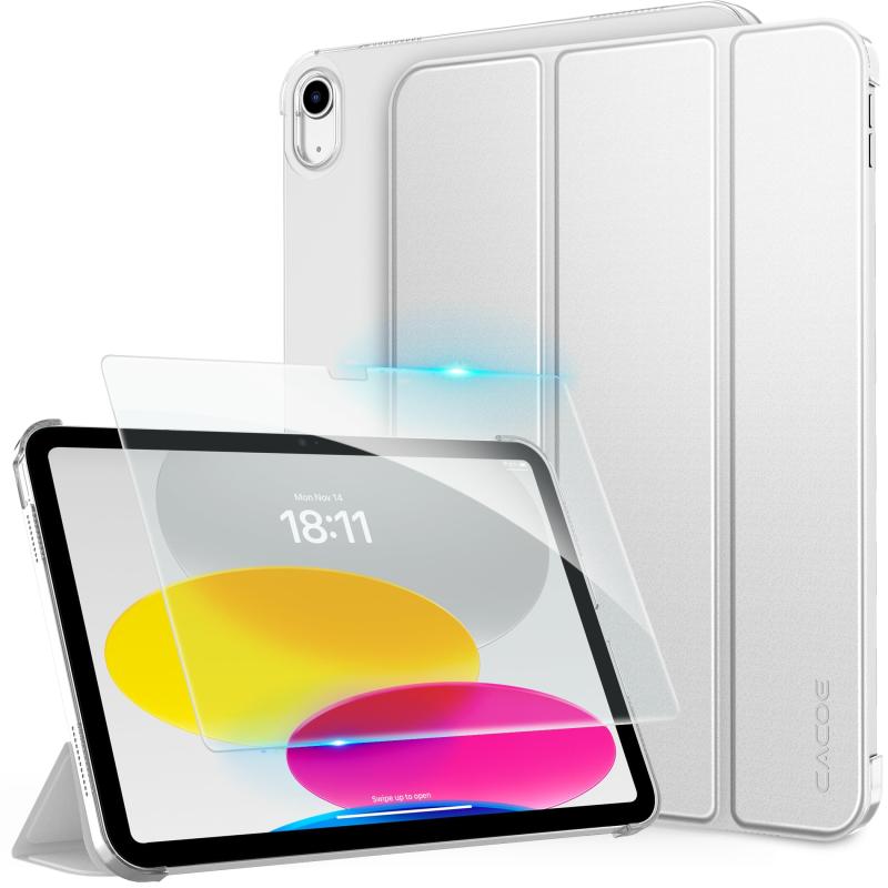 [iPad 11世代 10世代 ケース ガラスフィルム セット]CACOE ipad a16 2025 11/10.9インチ 2022 シルバー【対応機種】iPad (A16) 11インチ 第11世代 2025（モデル番号：A3354/A3355/A3356）、iPad 第10世代 2022 10.9インチ（モデル番号：A2696/A2757/A2777）向けに専用設計された半透明ハードケースです。ご購入の前にお手元のタブレット機種をご確認ください。【セット:iPad ケース＋ガラスフィルム】「届いてすぐに使えるのが嬉しい」そんな声に応える、iPadユーザー待望の便利なセット。耐衝撃iPad a16 ケースと高透明度のガラスフィルム1枚が含まれています。ipad 11世代 ガラスフィルムは硬度9Hで、鍵やペン先による傷にも強く、日常使用でも安心です。さらに99%以上の光透過率を誇り、映画やゲーム、イラスト制作にも最適で、指紋も付きにくい防汚コーティング加工が施されています。【三つ折りカバー＆スタンド機能付き】動画鑑賞・Zoom会議・タイピング・オンライン授業など、使い方に応じて自在にスタンド調整ができます。カフェでipad 10世代を立てて勉強している大学生や、キッチンでレシピを見ながら料理を楽しむ主婦の方からも適用。【軽量設計で通勤・通学バッグにすっぽり】軽量でありながらしっかりとした保護力を持つあいぱっど10世代 ケース。わずか208グラムの薄型設計により、ipad ケース 第10世代のスマートな印象を損なわず、バッグの中でもかさばりません。毎日ipad10世代を持ち歩くビジネスユーザーや学生にもぴったり。【オートスリープ機能付きで電池長持ち】Apple 11インチ ipad a16 ケースは、フロントカバーにオートスリープ/ウェイク機能を搭載。カバーを閉じると自動でスリープモードに入り、バッテリーの消耗を最小限に抑えます。再び開けるだけで、瞬時にスリープ解除。通勤電車の中でさっと取り出してニュースをチェック、仕事場でメモを取るときもすぐに起動できてストレスなし。