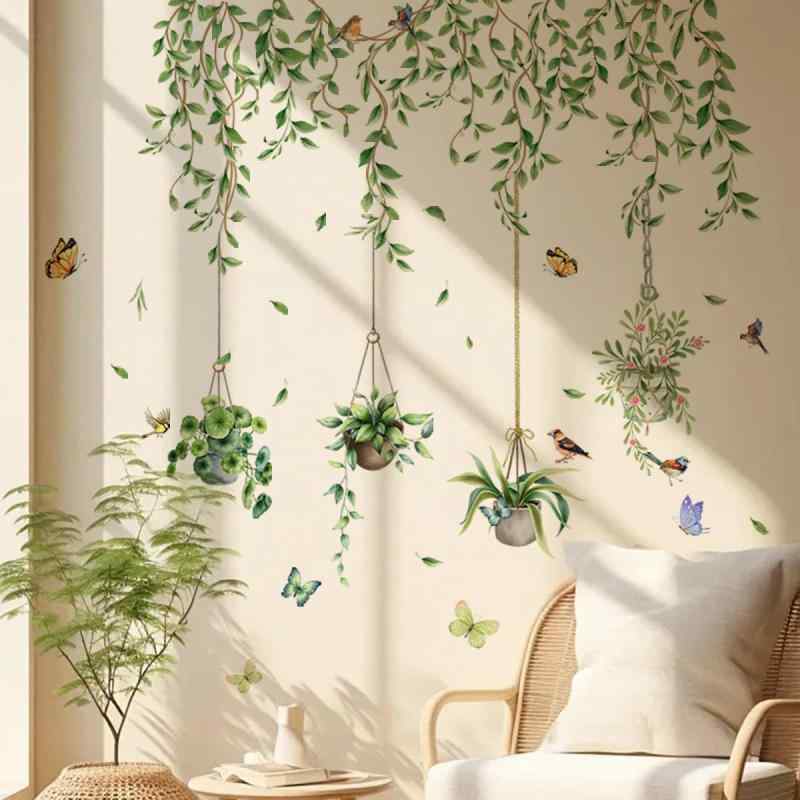 ウォールステッカー おしゃれ はがせる 緑の植物 つる 鉢植え 蝶ウォールシール 壁にはるシール 飾り wall paper decorations for living room bedroom 壁紙