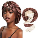サテンシルクスリープキャップボンネット女性用ストレッチタイバンド付き-カーリーヘア、シルクヘアラップ(ブラウン+シャンパン)