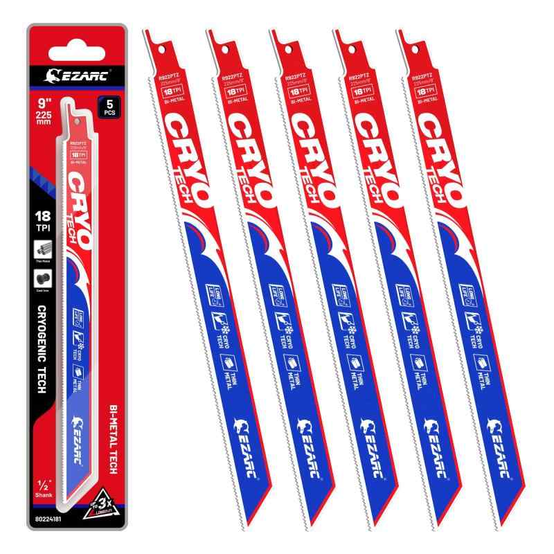 EZARC レシプロソー替刃 金属用 225mm 18山 M42バイメタル 8%コバルト Cryo Tech深冷処理 長寿命 解体用 5本入❄【Cryo Tech低温熱処理＆長寿命】EZARCは業界先駆の「Cryo Tech」深冷処理を採用し、金属組織を強化。8%コバルト配合のM42バイメタル材により、標準ブレードより耐磨耗性が飛躍的に向上し、約3倍の長寿命を実現。⚡【高耐久・高効率切断】深冷処理と8%コバルトの相乗効果で耐磨耗性と耐衝撃性が大幅に向上。錆びたパイプや固着ボルトなど、過酷な作業環境でも刃折れしにくく、安定した切削性能を発揮します。🔥【優れた排屑性＆連続作業対応】 刃厚0.9mmの薄刃と特殊な刃先形状設計により、切りくず詰まりを解消。熱蓄積を抑え、釘混じり木材の切断や連続作業でもスムーズな切れ味を持続させます。🔧 【多用途対応】鉄・アルミ・銅・ステンレスパイプなど幅広い金属材料の切断に最適。中厚板材やパイプ切断に対応し、建築・配管・自動車整備などで活躍します。📏【商品仕様】山数：18TPI；材質：M42バイメタル ＋ 8％コバルト（深冷処理済）；入数：5本；全長：225mm；刃厚：0.9mm。