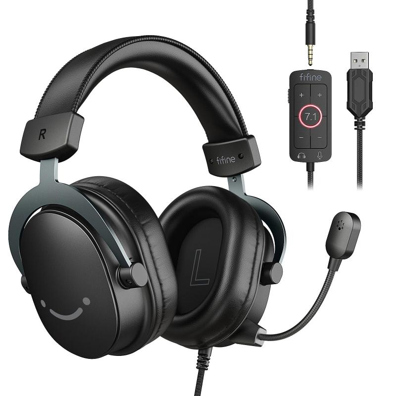 FIFINE ゲーミングヘッドセット 7.1サラウンドサウンド 有線 3.5mm/USB接続 50mmドライバー 脱着式全指向性マイク付き PC/スマホ/Nintendo Switch/PS4/PS5に対応 音量調節可能 密閉型 ゲーム 配信 実況 黒