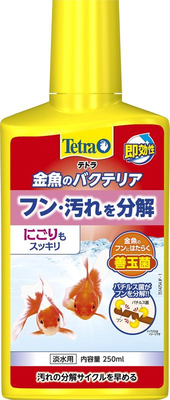 テトラ (Tetra) 金魚のバクテリア 250ミリリットル 水槽の汚れを分解するお掃除バクテリア添加剤 バチルス菌がフンを分解水槽内の汚れを強力に分解するバクテリアを高濃度で配合浄化サイクルを早めて水槽内の汚れを分解、除去します汚れを分解することでクリアな水をつくり、キレイな状態を維持しますテトラバクテリアには、エサの食べ残しやお魚のフン、水草の枯葉などの有機物の分解を助けるバクテリア(バチルス菌)が眠った状態で含まれており、水槽に投与されることで活性化します。キャップ1杯(10ml)で14億個のバクテリアを加えることができるため、滞っていた浄化サイクルを進めて水槽のろ過を健全な状態にすることができます