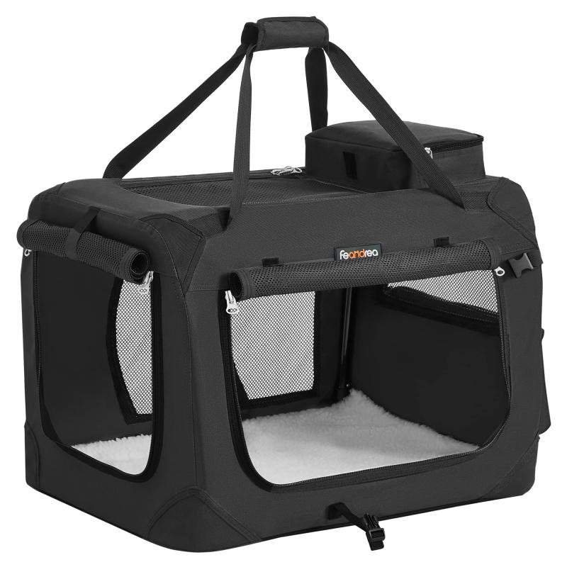 FEANDREA ペットキャリー 折りたたむ 変形しない犬用キャリー 4面メッシュ ブラック 60×42×42cm PDC60H【商品仕様】高品質のオックスフォード生地+メタルチューブ+起毛マット、本体重量(約)：2.76kg。サイズ： 60×42×42cm。耐荷重：7~11kg【変形しないデザイン】内部左右に高品質なメタルチューブがデザインされ、連接すると全体のカタチを整い、ペットの可動範囲をしっかり確保します。組立説明書は図解でわかりやすく解説します【しっかりした作り】厚地なオックスフォード、収納できる大きいポケット、爪でも破れにくいメッシュ窓、ペットのことをよく考えた細部へのこだわりはいっぱい工夫しました【お手入れが簡単】汚れた場合は、柔らかいブラシで軽くこするだけでよくとれます。更に内部のメタルチューブを取り外したら、全体が水洗いでき、飼い主に対してとてもスムーズで便利です【コンパクトで多用】底部は取り外すできる起毛マットが付き、愛犬愛猫の暮らしハウスとしても素敵なキャリーバッグです。折りたたむとコンパクトに収納でき、ちょっとしたスペースにぴったりです