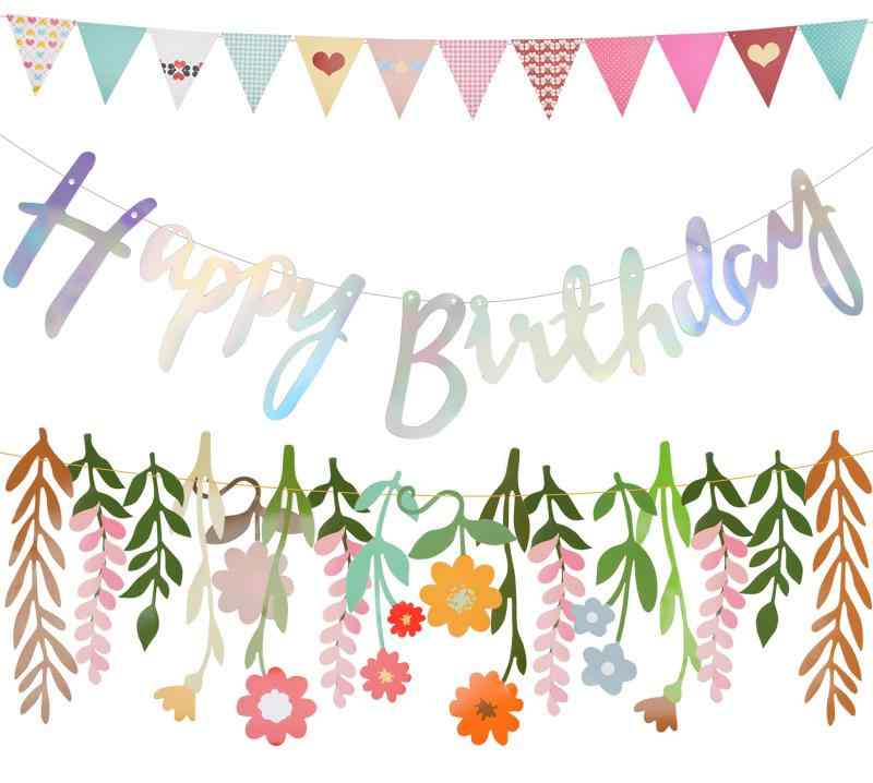 Drado 誕生日 飾り付け ガーランド happy birthday レターバナー 三角フラッグ 花 ハッピーバースデー 飾り(オーロラ)