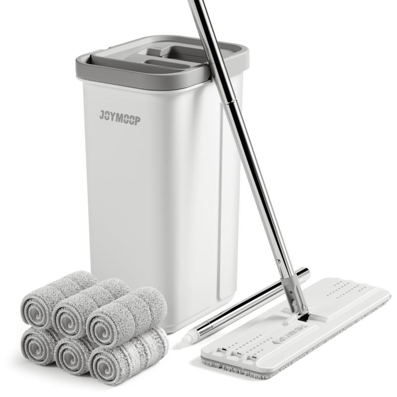 Rakuten - JOYMOOP 絞り付きモップ＆バケツセット 手を汚さずに使えるフラットモップ 全長155cmのモップ＋再利用可能なマイクロファイバーパッド6枚付き 水拭き・乾拭き両用のフロアクリーニングシス