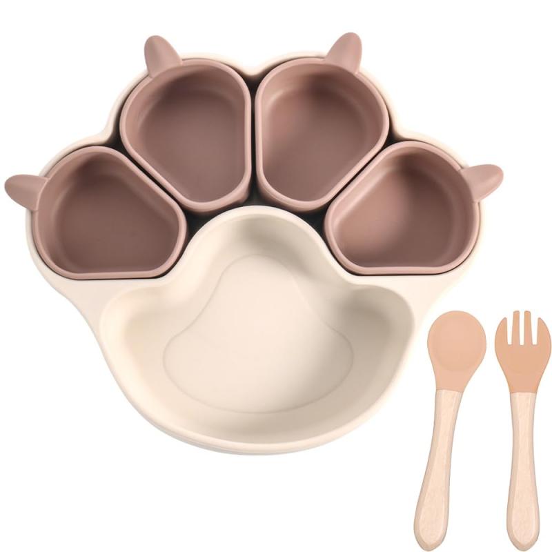 Maternity Foods - ベビー食器セット 離乳食食器セット スプーン・フォーク付き 吸盤付き ひっくり返らない 離乳食対応 食品級シリコン製 5 分割 滑り止め 分離式 猫の爪デザイン 可愛い 出産祝いギフト