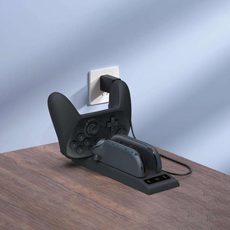 FONLAM Switch2対応 ゲームコントローラー充電スタンド 左右J-con対応 三合一充電ドック proコン対応 LED充電インジケーター付き 自動吸着 磁力設計 FL-372